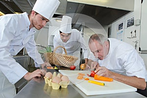 Team chefs chopping vegetables in kitchen