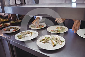 Team of chefs garnishing meal on counter