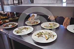 Team of chefs garnishing meal on counter photo