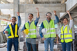 team of civil engineer manager, maintenance supervisor, professional technician foreman together with safety operator happy