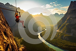 A team of climbers at the top of a high mountain in the light of the setting sun.