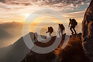 A team of climbers at the top of a high mountain in the light of the setting sun.