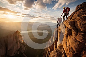 A team of climbers at the top of a high mountain in the light of the setting sun.