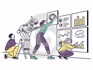 Team collaborates on data analysis with robot assistance