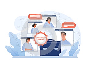 Team collaborates on virtual meetings. Flat vector illustration