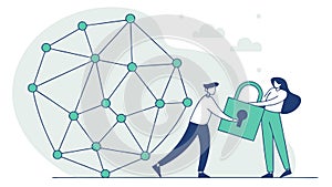 Team Collaborating on Network Sphere, Global Connection, vector design Generative AI