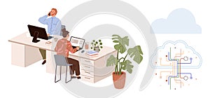 Team Collaborating in Office with Technology and Cloud Computing Concept