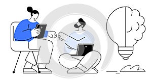 Team collaboration and brainstorming session with digital devices and idea visualization