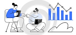 Team collaboration with digital devices analyzing data trends and cloud storage