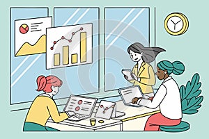 Team collaboration in a modern office setting during the day with data analysis and presentations