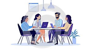 Team Collaboration in Modern Office Setting. They share ideas and work on laptops