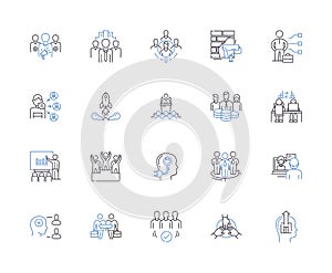 Team collaboration outline icons collection. Cooperation, Collaboration, Networking, Unify, Co-Ordinate, Syndication