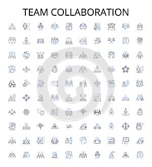 Team collaboration outline icons collection. Cooperation, Collaboration, Networking, Unify, Co-Ordinate, Syndication