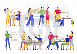 Team collaboration. Teamwork workshop meeting, creative brainstorm and office workers teams flat vector illustration set photo