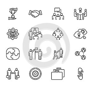 Team collaboration vector illustration collection set. Outlined icons with people cooperation, working together and job meeting.