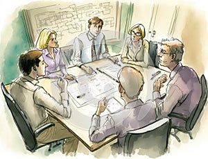 A team of colleagues sharing ideas around a conference room table each person presenting different points of view