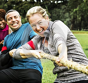 Team competing in tug of war