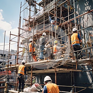A team of construction workers collaborates onsite, showcasing professionalism and teamwork