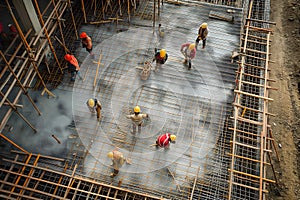 Team of the construction workers works on foundation of contemporary house.