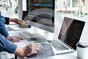 Team of developer programmer working on project in software development computer in IT company office, Writing codes and data code