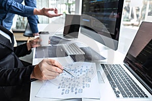 Team of developer programmer working on project in software development computer in IT company office, Writing codes and data code