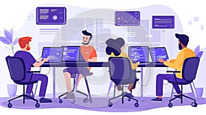 Team of developers working on software project collaboration in modern office vector illustration