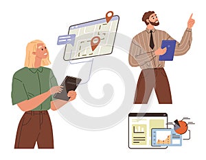 Team Discussing Navigation, Analytics, and Digital Maps for Collaborative Business Solutions