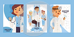 Team of doctors and other hospital workers set of cards vector illustration. Otorhinolaringologist physician with photo