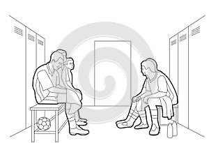 Team dressing room team sits in the locker room. Vector black illustration on white background