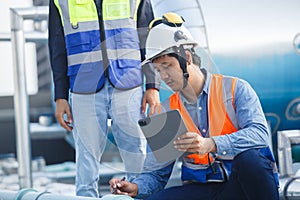 Team engineer holding tablet working at rooftop building construction. Male technician worker working checking hvac of office