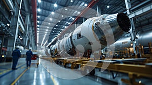 Team of engineers assembling rocket destined for cosmos in modern aerospace plant