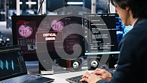 Team of engineers in data center struggles with malfunctions while using AI