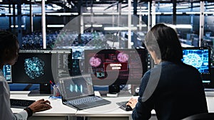 Team of engineers in data center struggles with malfunctions while using AI