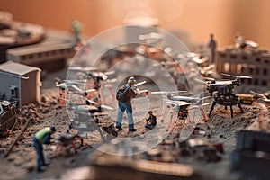 Team of engineers inspects the engines of a drone. Tiny workers building a miniature city with drones. Generative AI