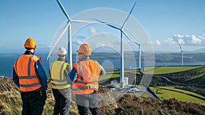 A team of engineers monitoring the installation process ensuring each turbine is securely p photo