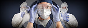 Team of Female and Male Doctors or Nurses Wearing Protective Medical Face Masks and Goggles Banner