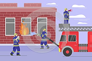 Team of firefighters fighting fire in building, flat cartoon vector illustration