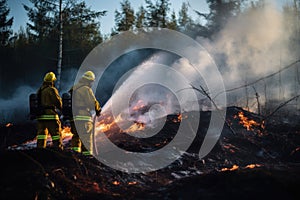 A team of firefighters is fighting a forest fire, climate change, global warming