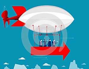 Team flying in the sky on hot air balloon. Business direction investment vector illustration