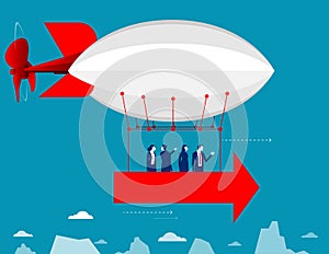 Team flying in the sky on hot air balloon. Business direction investment vector illustration