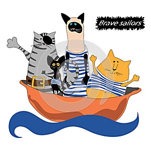 Team of funny cats sailors in striped frocks sail on bowl on the sea. Cartoon style