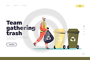 Team gathering trash landing page with street cleaner gather garbage and recycle containers