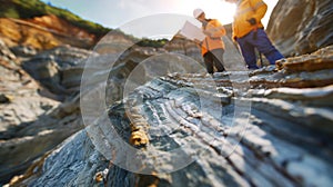 A team of geologists inspecting sediment layers for clues on potential oil reserves photo