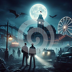 A team of ghost hunters investigating a haunted amusement prk a photo