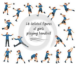 Team of girls playing handball in blue T-shirts in various poses training, running, jumping, throwing the ball on a white