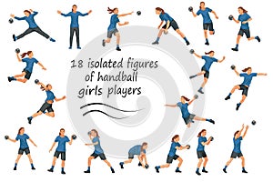 Team of girls playing women's handball in blue shirts in various poses training, running, jumping, throwing the ball