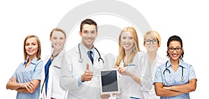 Team or group of doctors with tablet pc computer