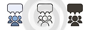 Team group of people speaking and debating with a speech bubble. Vector icon design illustration in 3 different styles. Filled
