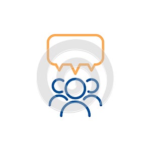 Team group of people speaking and debating with a speech bubble. Vector thin line icon design illustration.