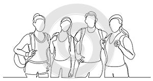 Team of happy campers with backpacks standing together - one line drawing